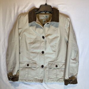 Vintage L.L. Bean Barn Coat Women’s Medium Cream Canvas Leather Corduroy Collar